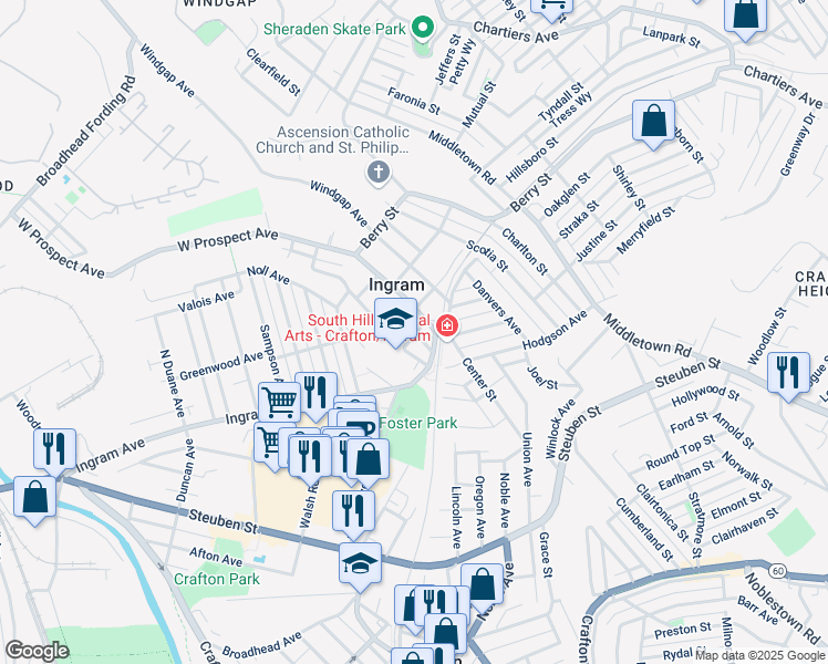 map of restaurants, bars, coffee shops, grocery stores, and more near 25 Vancouver Avenue in Pittsburgh