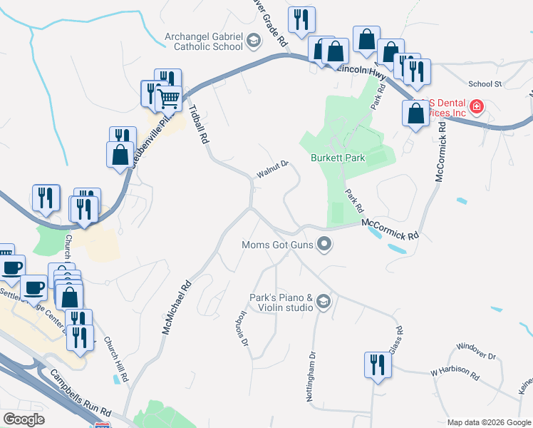 map of restaurants, bars, coffee shops, grocery stores, and more near 5605 McCormick Road in Pittsburgh
