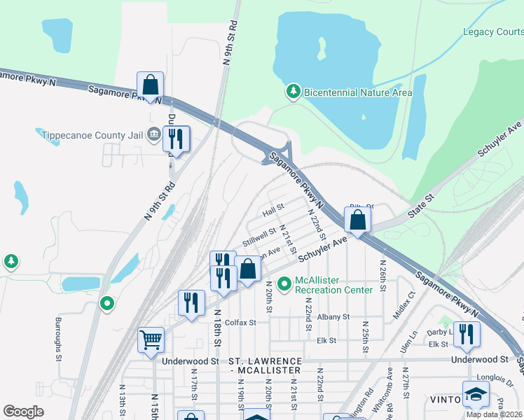 map of restaurants, bars, coffee shops, grocery stores, and more near 2008 Hall Street in Lafayette