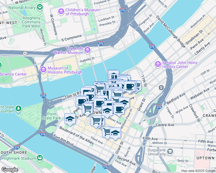 map of restaurants, bars, coffee shops, grocery stores, and more near 800 Fort Duquesne Blvd in Pittsburgh