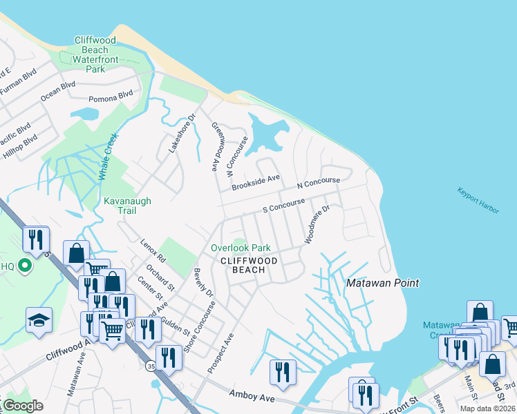 map of restaurants, bars, coffee shops, grocery stores, and more near 304 Sherwood Drive in Keyport