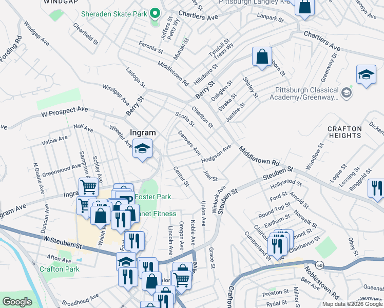 map of restaurants, bars, coffee shops, grocery stores, and more near 19 Hodgson Avenue in Pittsburgh