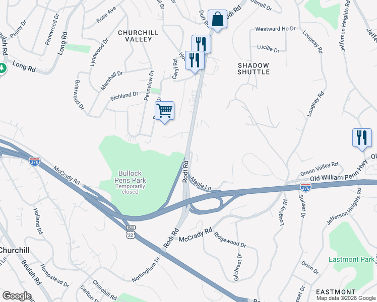 map of restaurants, bars, coffee shops, grocery stores, and more near Rodi Road in Penn Hills