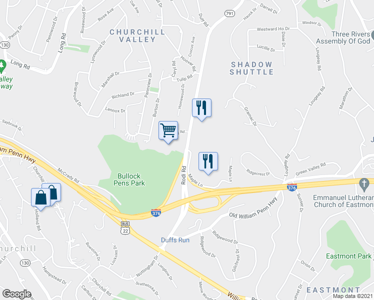 map of restaurants, bars, coffee shops, grocery stores, and more near 799 Rodi Road in Penn Hills