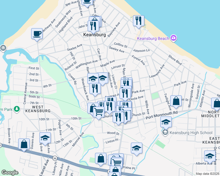 map of restaurants, bars, coffee shops, grocery stores, and more near in Keansburg