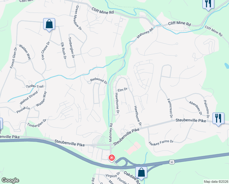 map of restaurants, bars, coffee shops, grocery stores, and more near 2619 Hawthorne Drive in Oakdale
