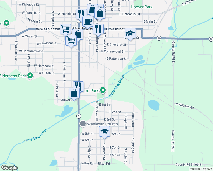 map of restaurants, bars, coffee shops, grocery stores, and more near 706 South Monroe Street in Hartford City