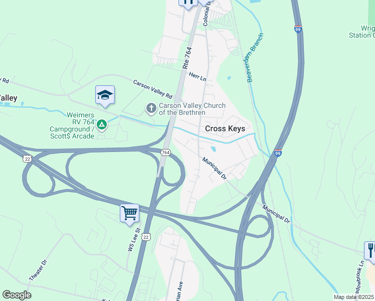 map of restaurants, bars, coffee shops, grocery stores, and more near 1251 Municipal Drive in Duncansville