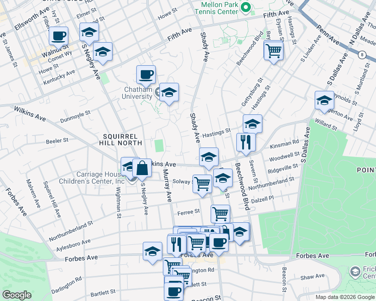 map of restaurants, bars, coffee shops, grocery stores, and more near 1336 Shady Avenue in Pittsburgh
