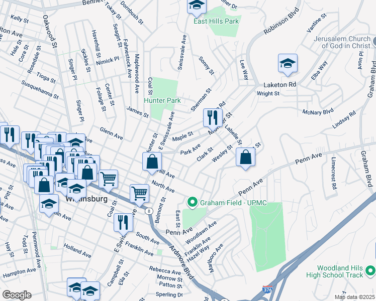 map of restaurants, bars, coffee shops, grocery stores, and more near 1317 Park Avenue in Pittsburgh