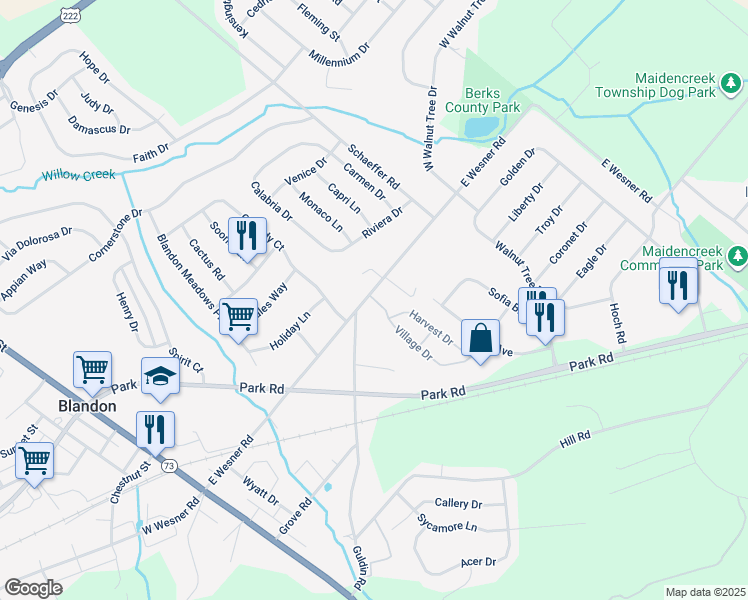 map of restaurants, bars, coffee shops, grocery stores, and more near 100 Village Drive in Blandon