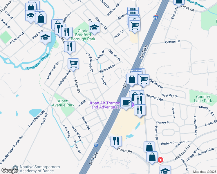 map of restaurants, bars, coffee shops, grocery stores, and more near 9 Fern Place in Milltown