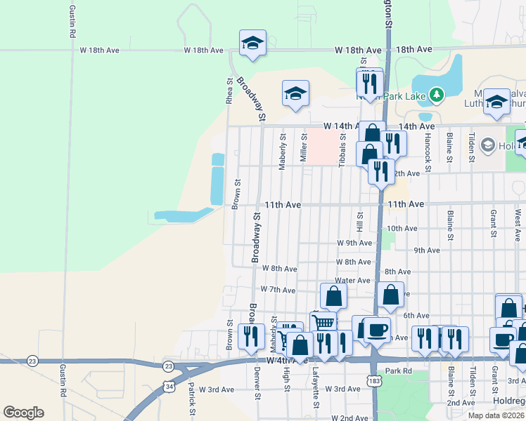 map of restaurants, bars, coffee shops, grocery stores, and more near 1008 Broadway Street in Holdrege