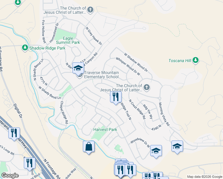 map of restaurants, bars, coffee shops, grocery stores, and more near 4638 Pheasant Ridge Trail North in Lehi