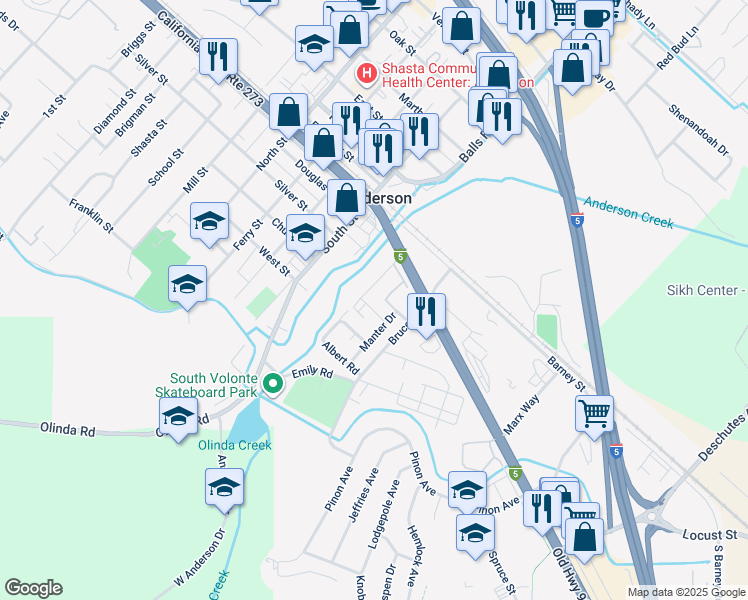 map of restaurants, bars, coffee shops, grocery stores, and more near in Anderson