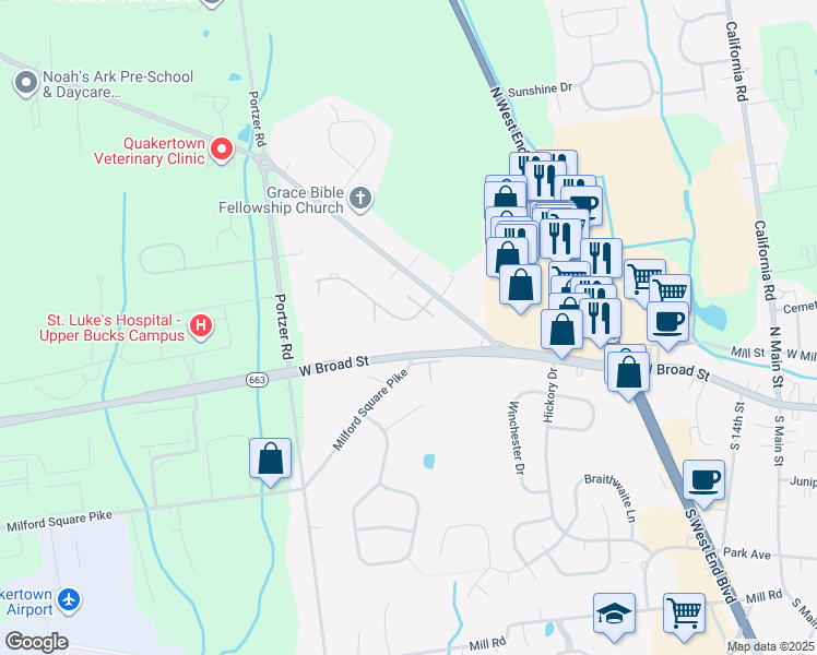 map of restaurants, bars, coffee shops, grocery stores, and more near 1803 John Fries Highway in Quakertown
