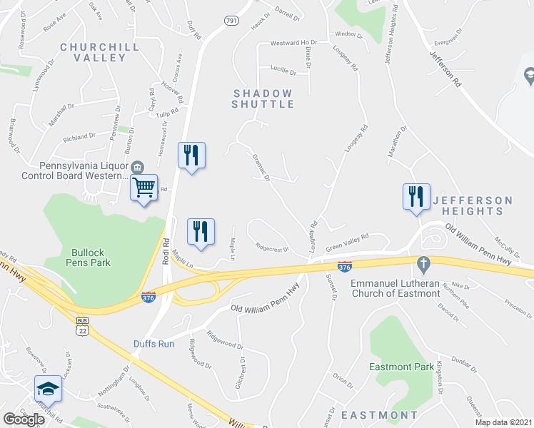 map of restaurants, bars, coffee shops, grocery stores, and more near 41 Ridgecrest Drive in Pittsburgh