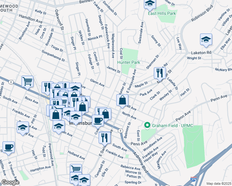 map of restaurants, bars, coffee shops, grocery stores, and more near 923 Hill Avenue in Pittsburgh