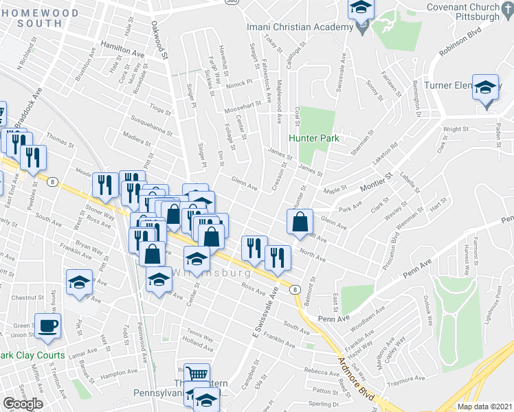 map of restaurants, bars, coffee shops, grocery stores, and more near 1207 Mill Street in Pittsburgh