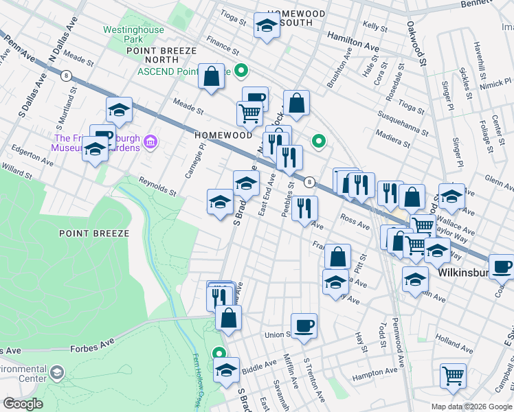 map of restaurants, bars, coffee shops, grocery stores, and more near in Pittsburgh