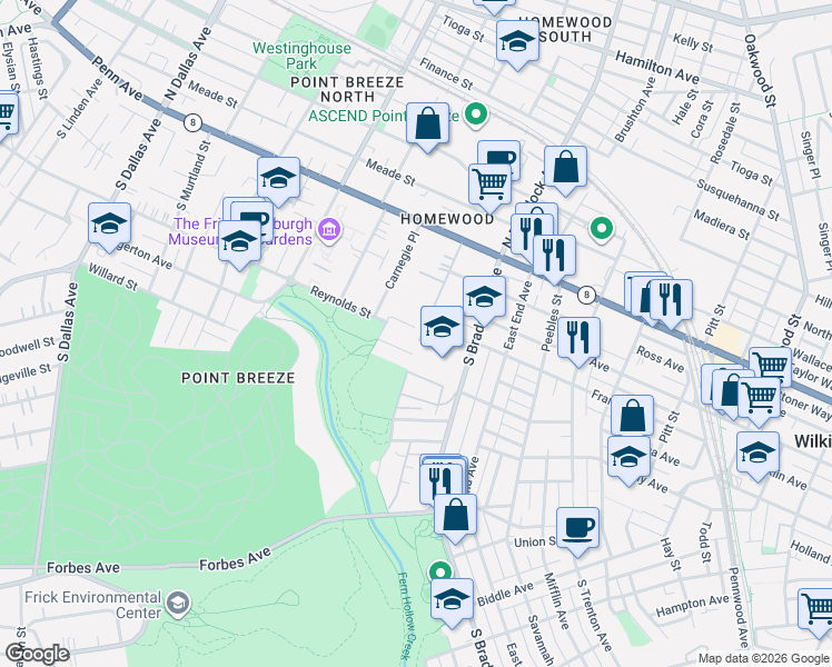 map of restaurants, bars, coffee shops, grocery stores, and more near 7437 Ben Hur Street in Pittsburgh