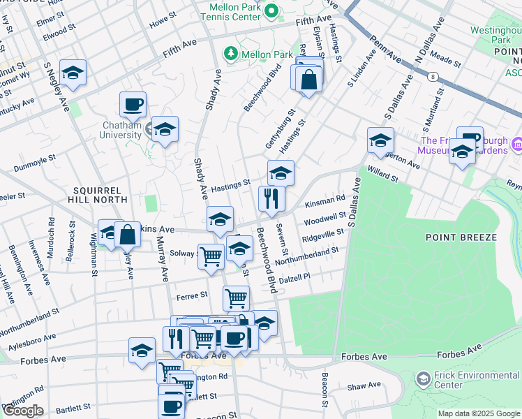 map of restaurants, bars, coffee shops, grocery stores, and more near 6518 Wilkins Avenue in Pittsburgh