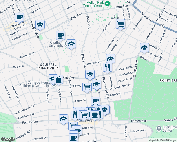 map of restaurants, bars, coffee shops, grocery stores, and more near 1348 Denniston Street in Pittsburgh