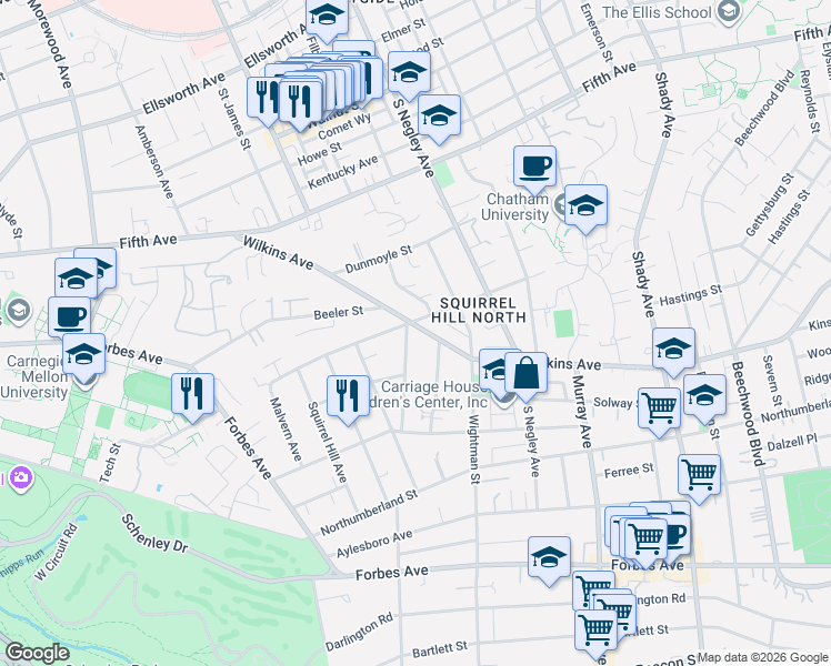 map of restaurants, bars, coffee shops, grocery stores, and more near 1228 Murdoch Road in Pittsburgh
