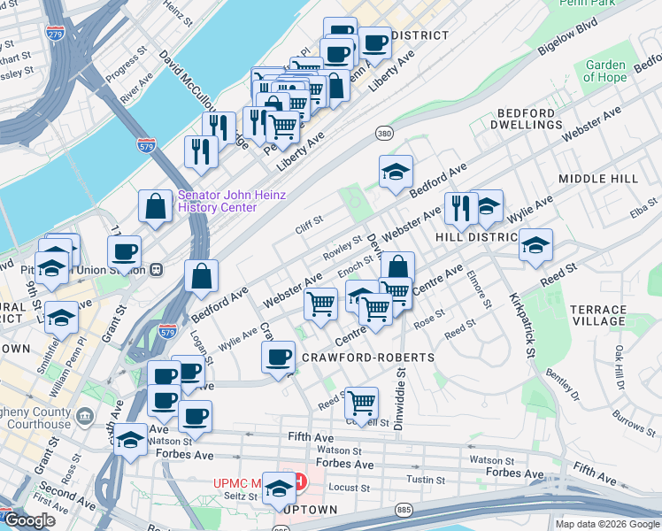 map of restaurants, bars, coffee shops, grocery stores, and more near 1800 Webster Avenue in Pittsburgh