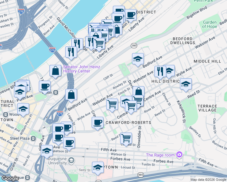 map of restaurants, bars, coffee shops, grocery stores, and more near 1800 Webster Avenue in Pittsburgh