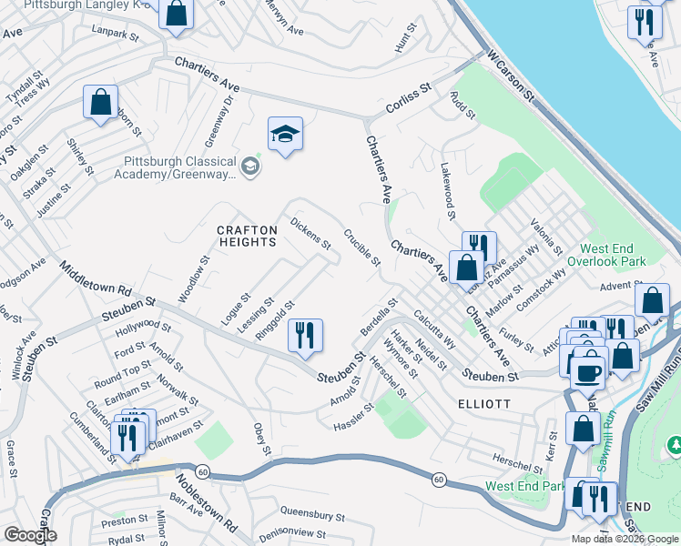map of restaurants, bars, coffee shops, grocery stores, and more near 1202 Wilton Way in Pittsburgh