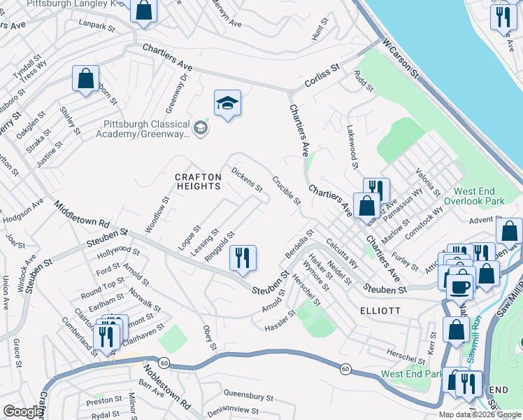 map of restaurants, bars, coffee shops, grocery stores, and more near 931 Ringgold Street in Pittsburgh