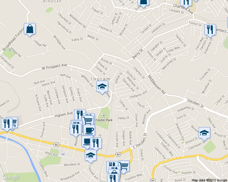 map of restaurants, bars, coffee shops, grocery stores, and more near 2725 Center Street in Pittsburgh