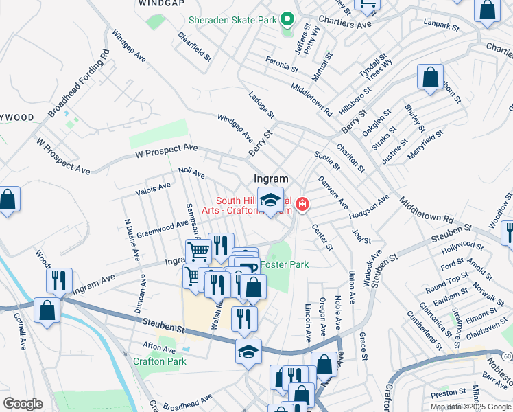 map of restaurants, bars, coffee shops, grocery stores, and more near 23 Miles Avenue in Pittsburgh