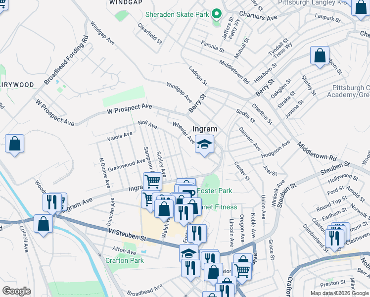 map of restaurants, bars, coffee shops, grocery stores, and more near 61 Admiral Dewey Avenue in Pittsburgh
