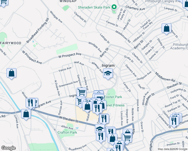 map of restaurants, bars, coffee shops, grocery stores, and more near 61 Admiral Dewey Avenue in Pittsburgh