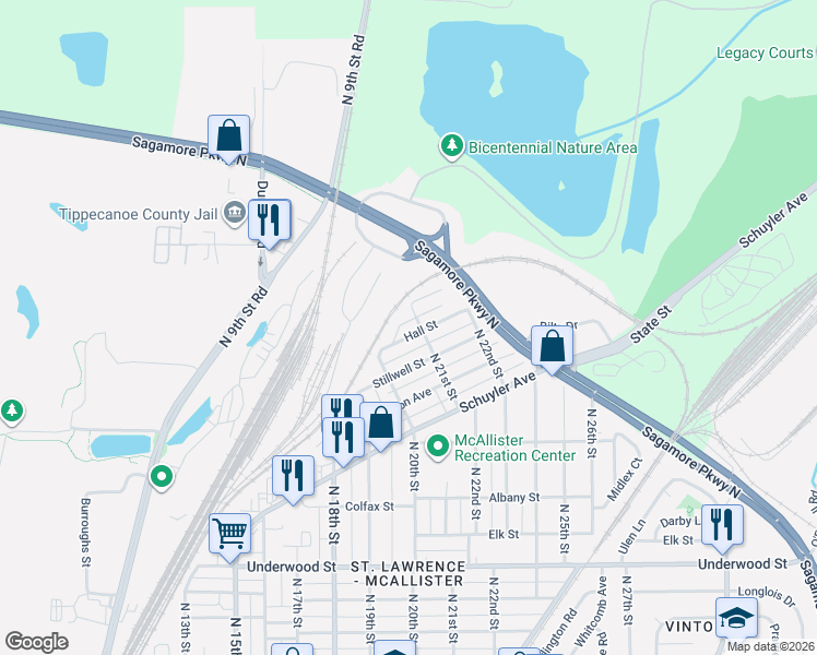 map of restaurants, bars, coffee shops, grocery stores, and more near 2650 North 21st Street in Lafayette