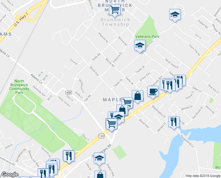 map of restaurants, bars, coffee shops, grocery stores, and more near 546 Wood Avenue in North Brunswick