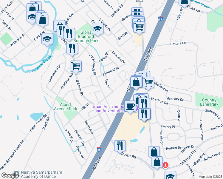 map of restaurants, bars, coffee shops, grocery stores, and more near 14 Fern Place in Milltown