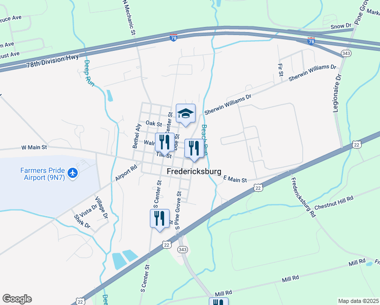 map of restaurants, bars, coffee shops, grocery stores, and more near 141 East Main Street in Fredericksburg