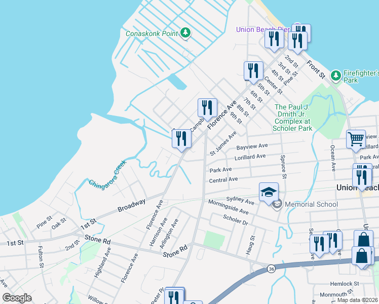 map of restaurants, bars, coffee shops, grocery stores, and more near 113 Victoria Place in Union Beach