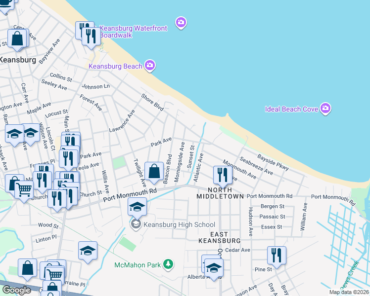 map of restaurants, bars, coffee shops, grocery stores, and more near 19 Sunset Street in Keansburg