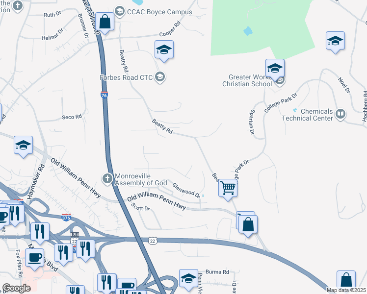 map of restaurants, bars, coffee shops, grocery stores, and more near 700 Beatty Road in Monroeville