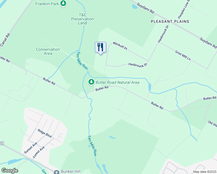 map of restaurants, bars, coffee shops, grocery stores, and more near Butler Road in Franklin Township