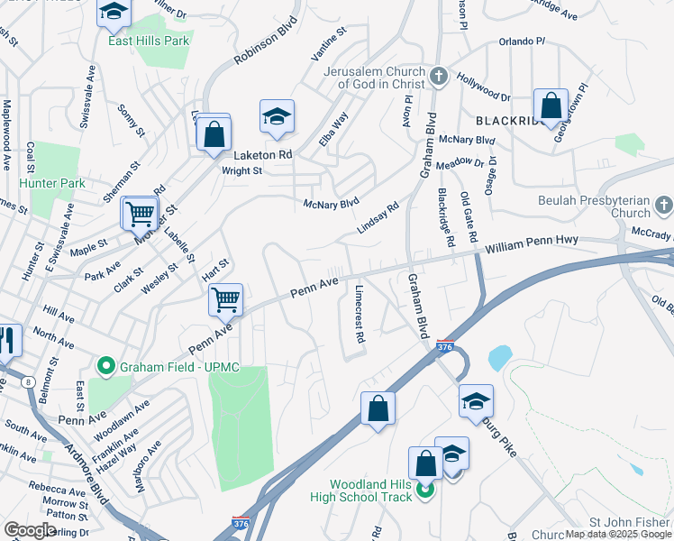 map of restaurants, bars, coffee shops, grocery stores, and more near 1942 William Penn Highway in Pittsburgh