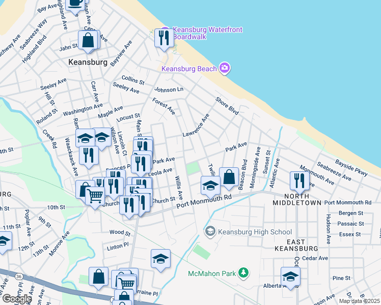 map of restaurants, bars, coffee shops, grocery stores, and more near 28 Evergreen Place in Keansburg