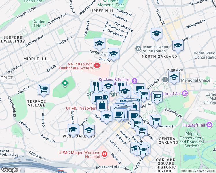 map of restaurants, bars, coffee shops, grocery stores, and more near 3825 University Drive C in Pittsburgh