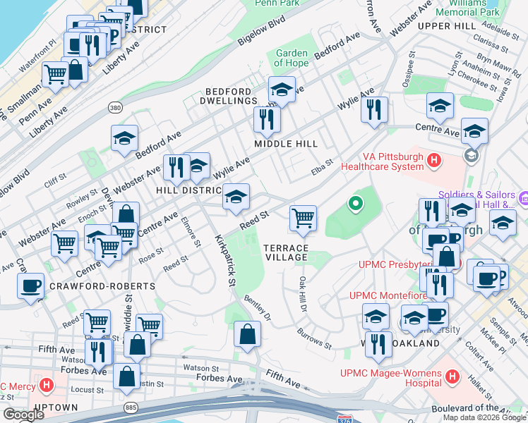 map of restaurants, bars, coffee shops, grocery stores, and more near 2335 Reed Street in Pittsburgh