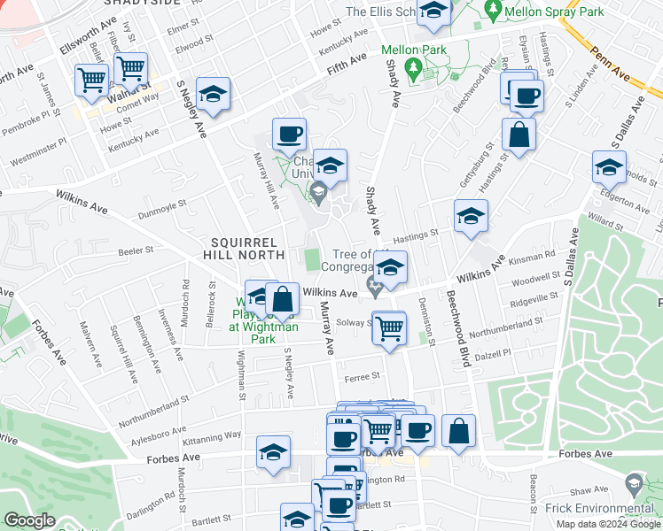 map of restaurants, bars, coffee shops, grocery stores, and more near 125 Woodland Road in Pittsburgh