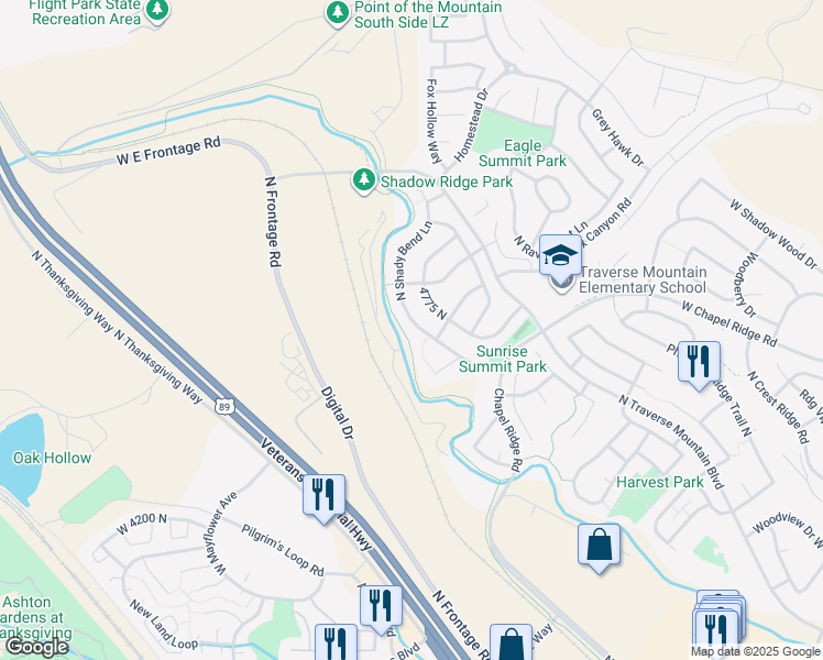 map of restaurants, bars, coffee shops, grocery stores, and more near 2925 West Shady Bend Lane in Lehi